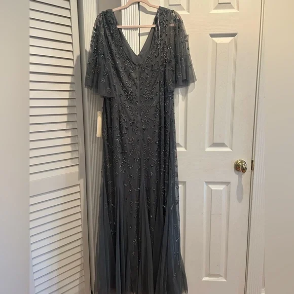 NEW Adrianna Papell Gray Scoop Back Beaded Gown - Picture 6 of 7